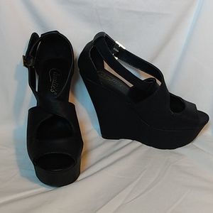 Candie's black platform wedge cross strap heels